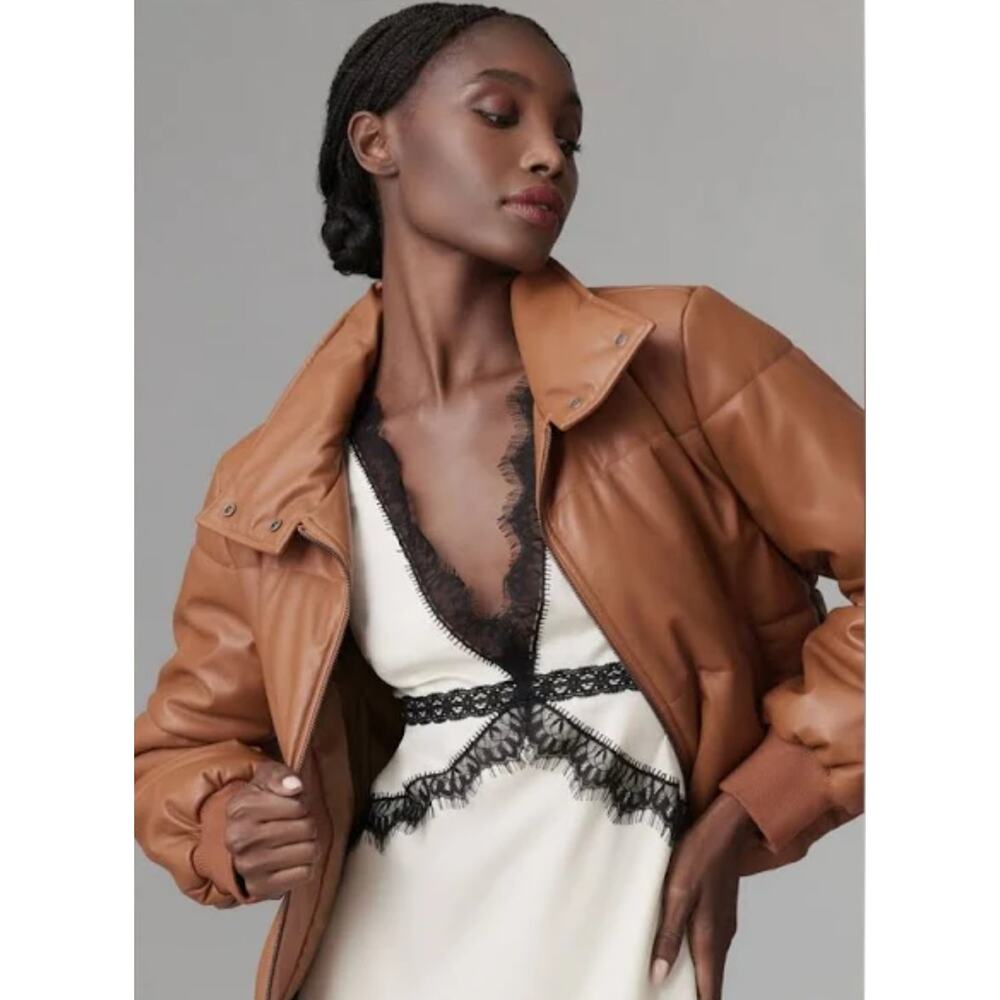 NWT Anthropologie Faux Leather Brown Puffer Jacket - Size XL - Picture 3 of 4